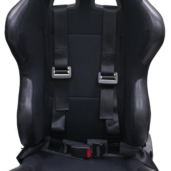 BLACK RECLINING BUCKET CAR SEATS WITH RACING HARNESSES