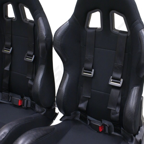 BLACK RECLINING BUCKET CAR SEATS WITH RACING HARNESSES
