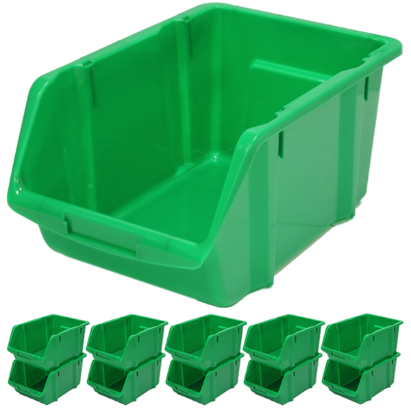 10 x LARGE GREEN PLASTIC STACKING STORAGE BINS