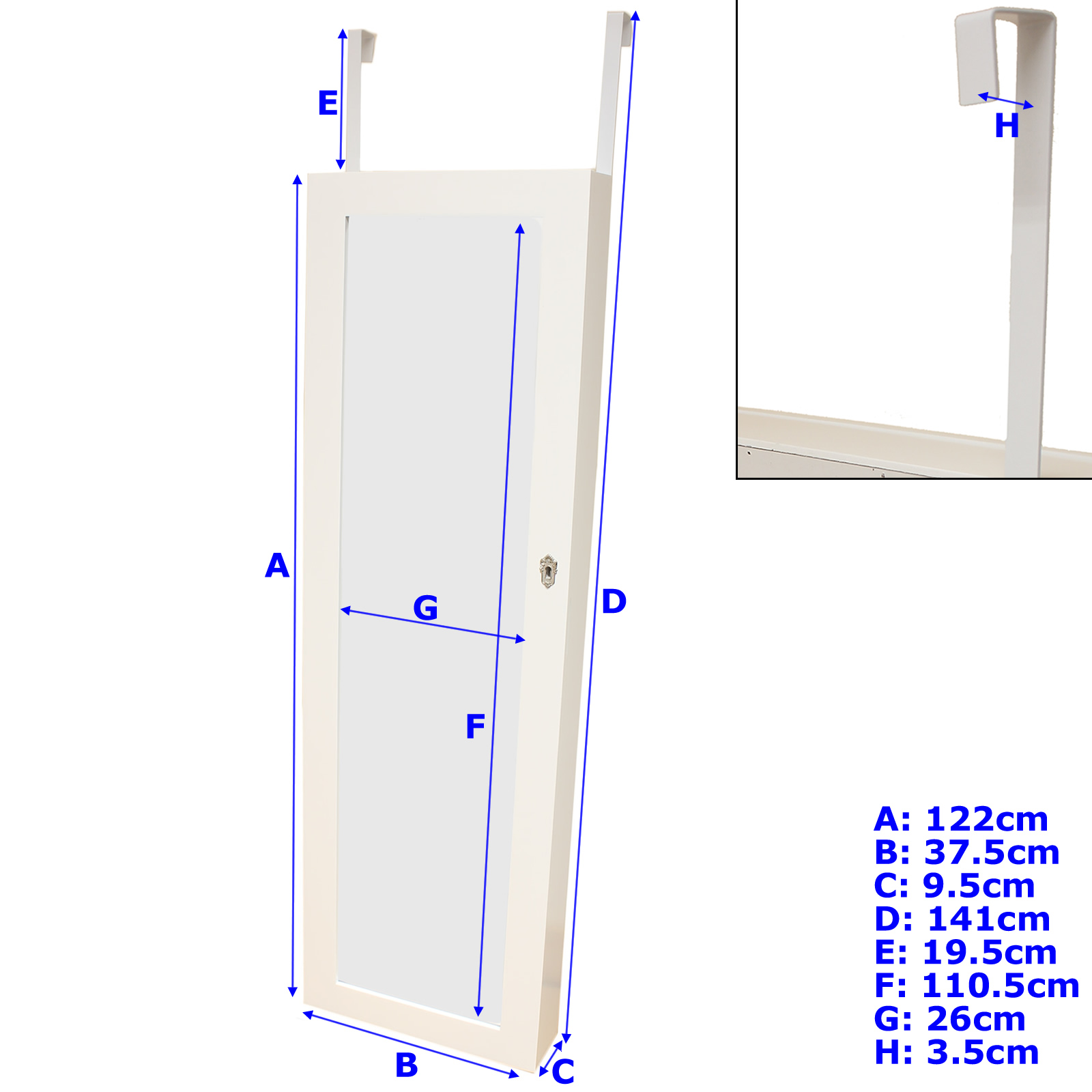 LARGE WHITE WALL/DOOR MOUNTED MIRROR JEWELLERY BOX
