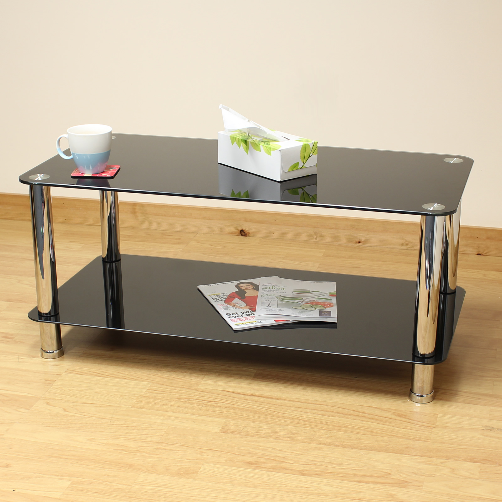 Hartleys Black Glass Rectangular Home Lounge Coffee Table Living