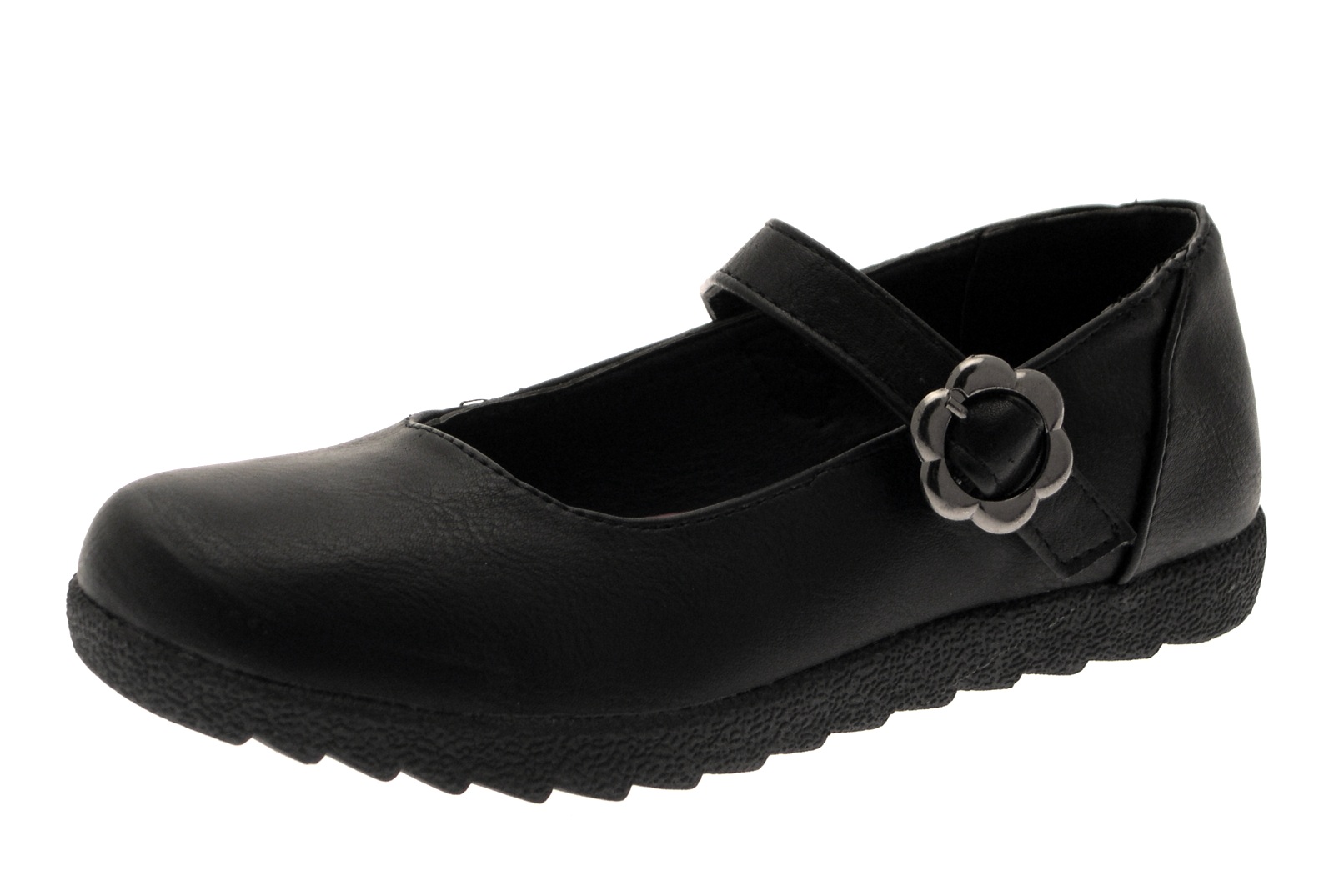 Girls Kids Black Flower Buckle Mary Jane School Shoes Brogues Junior