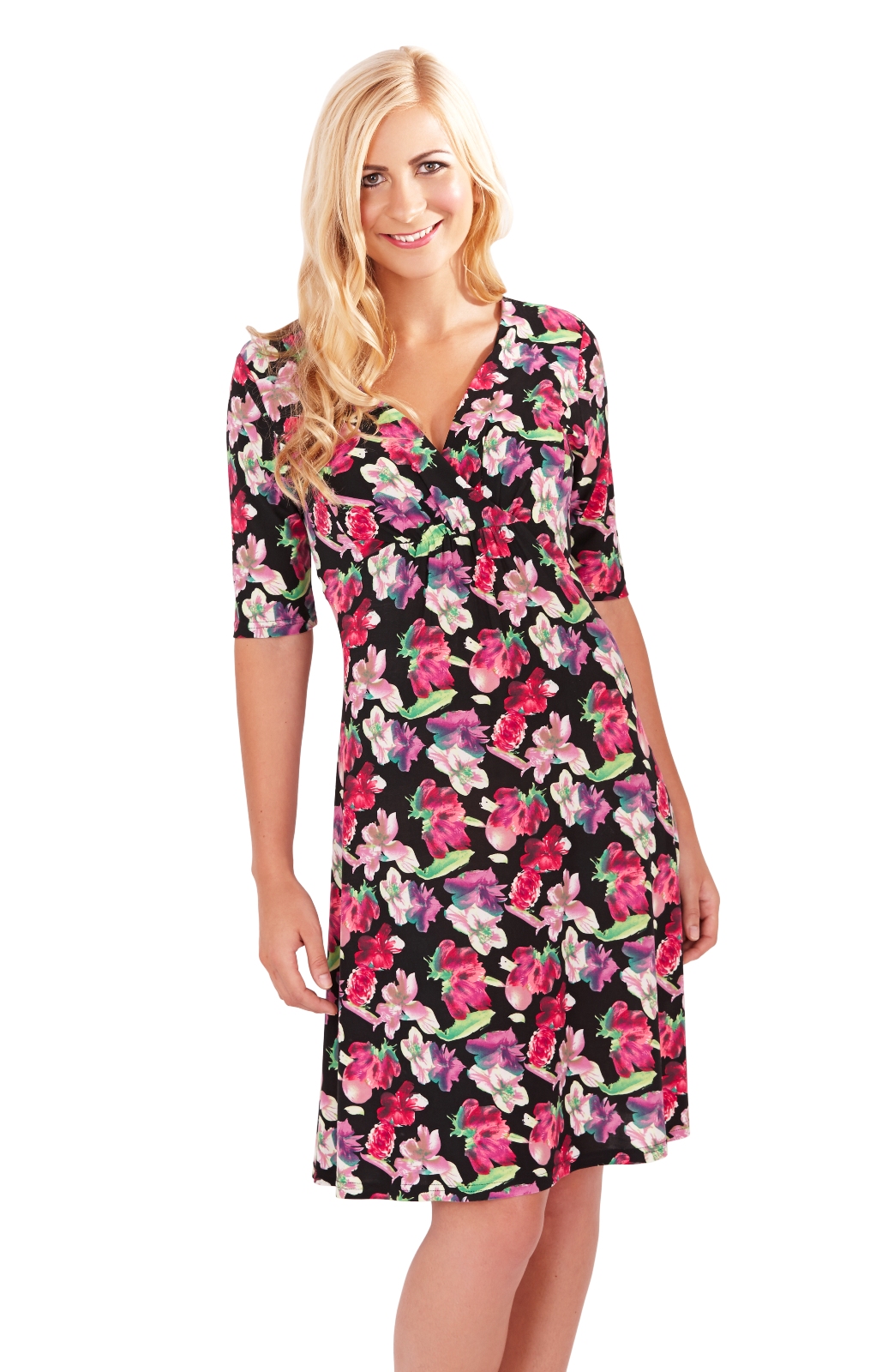 Womens Floral Summer Dress With V Neck Long Sleeve Stretch Sundress