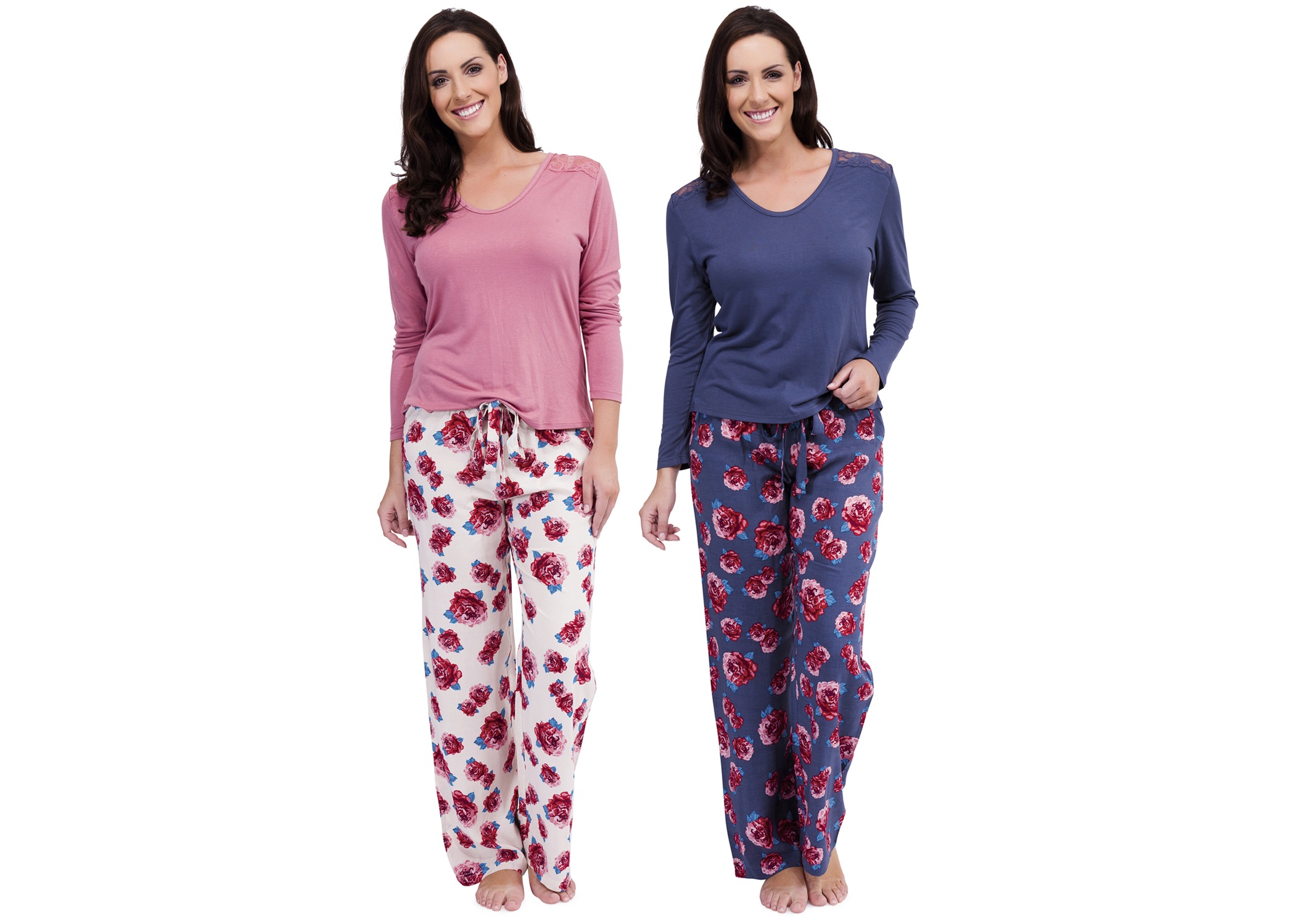 Womens Soft Luxury Jersey Pyjamas Long Sleeved Floral Lace Pjs Ladies