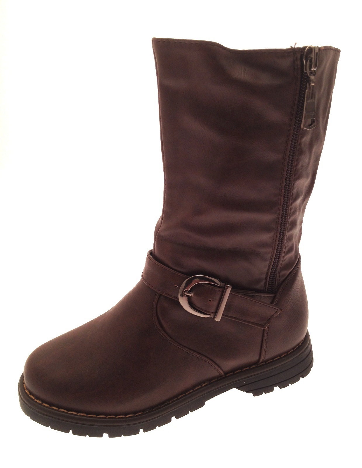 Kids Girls Faux Leather Mid Calf Riding Biker Boots Buckle Shoes Size UK 10 - 2 - Picture 20 of 25