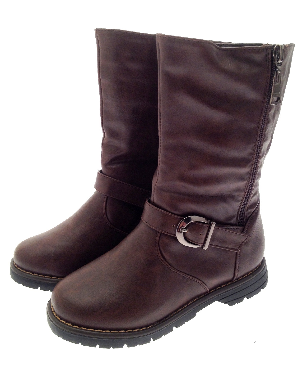 Kids Girls Faux Leather Mid Calf Riding Biker Boots Buckle Shoes Size UK 10 - 2 - Picture 24 of 25