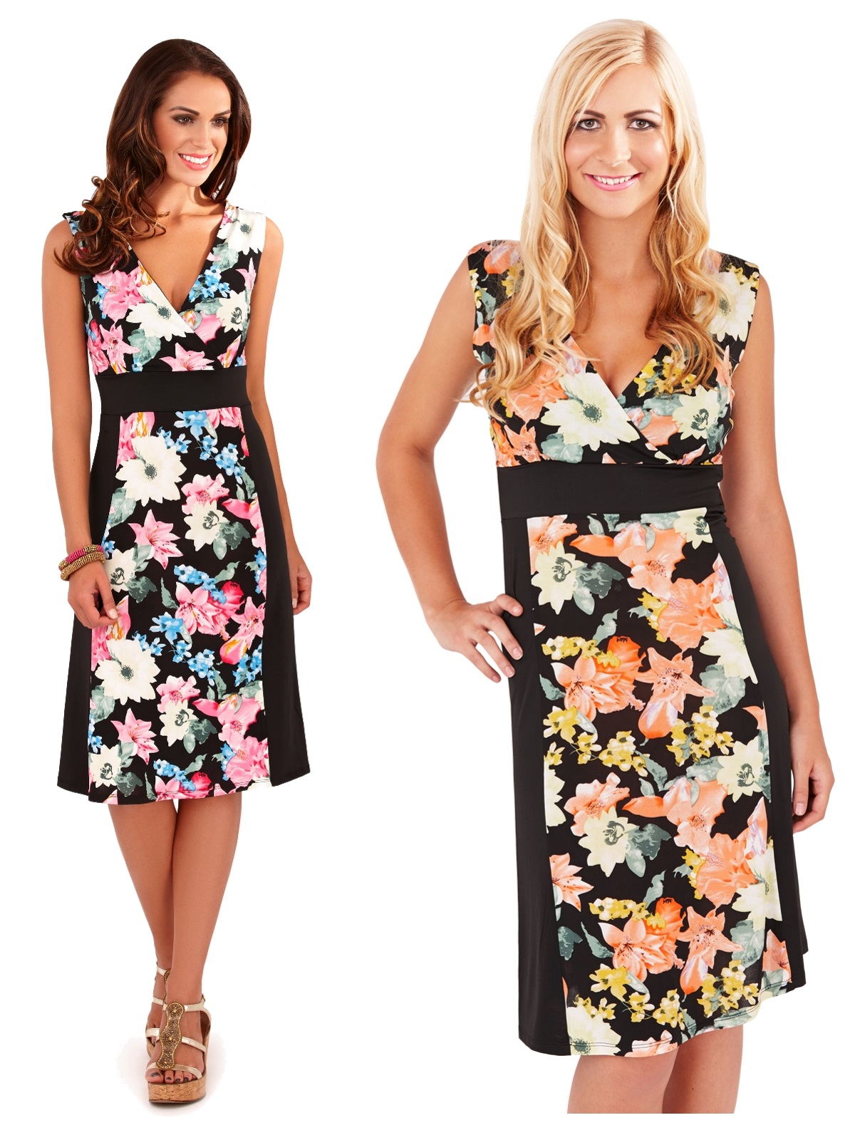 Womens Midi Dress Mid Length Floral Stretch Panel Summer Dress Ladies