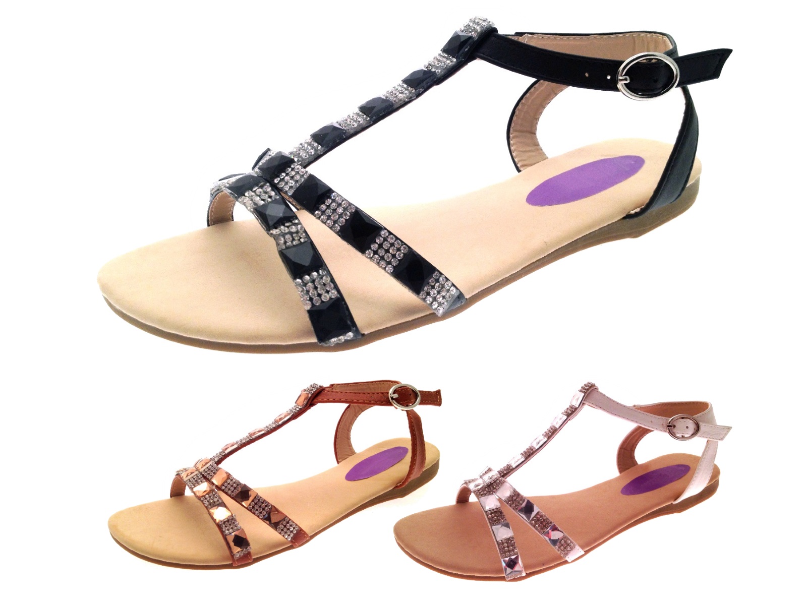 Womens Diamante Summer Sandals Strappy T Bar Jewel Shoes Ladies Girls Size 3-8