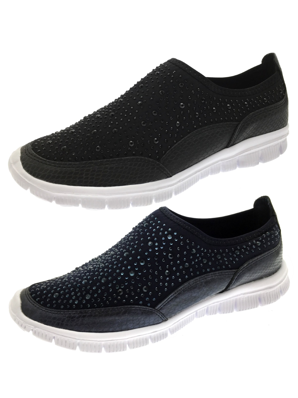 Womens Glitter Trainers Jewel Slip On Pumps Comfort Walking Shoes