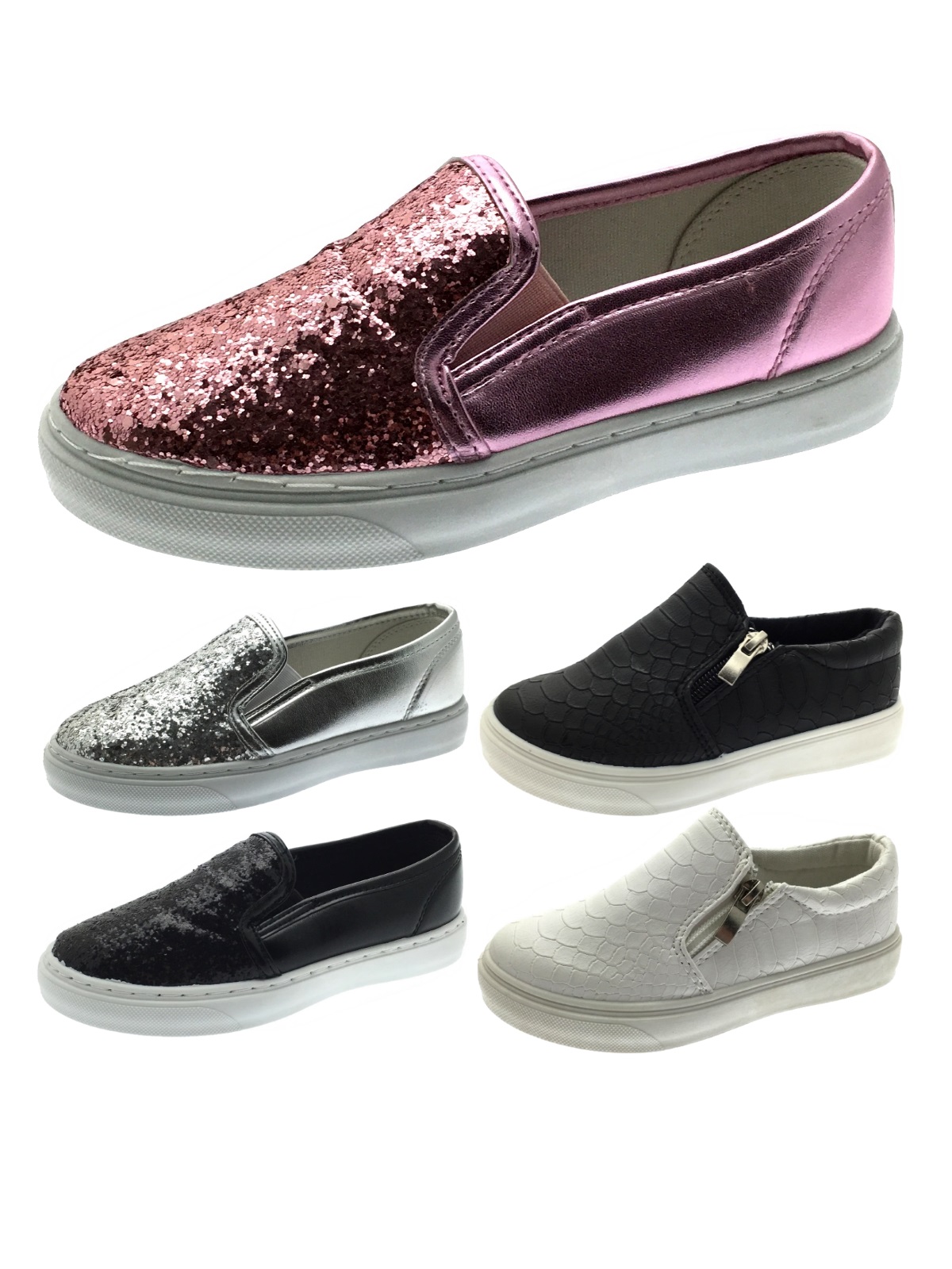 Girls Glitter Skate Pumps Kids Slip On Trainers Flat Plimsolls Shoes With Zips 