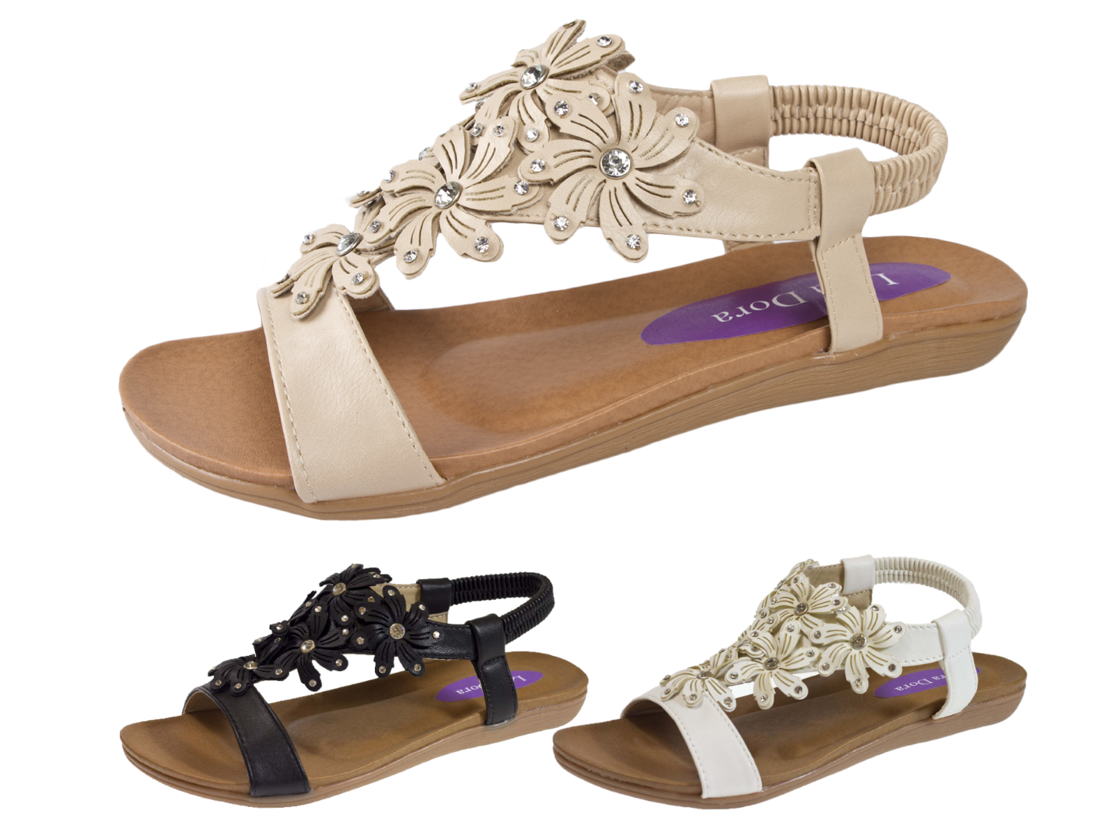 Womens Elastic Strap Diamante Flower Sandals Ladies Open Toe T Bar