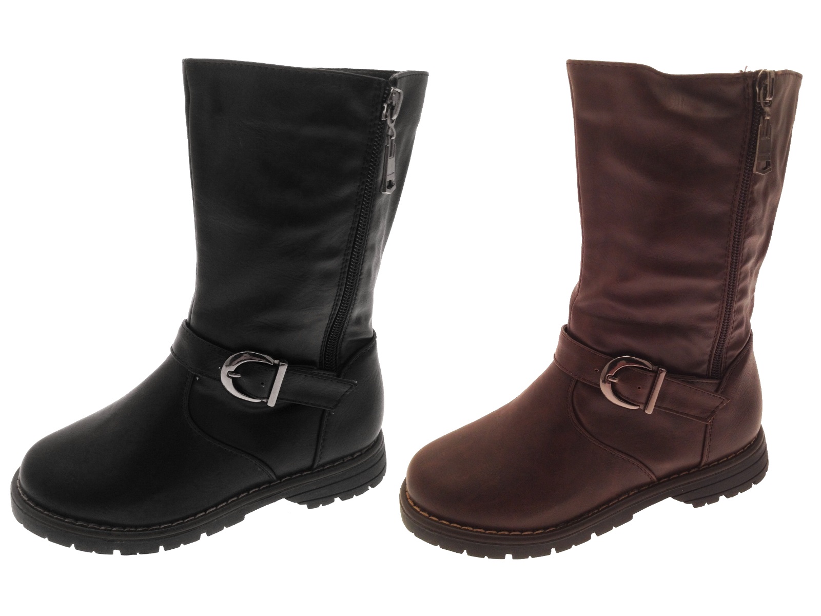 Kids Girls Faux Leather Mid Calf Riding Biker Boots Buckle Shoes Size UK 10 - 2 - Picture 7 of 25