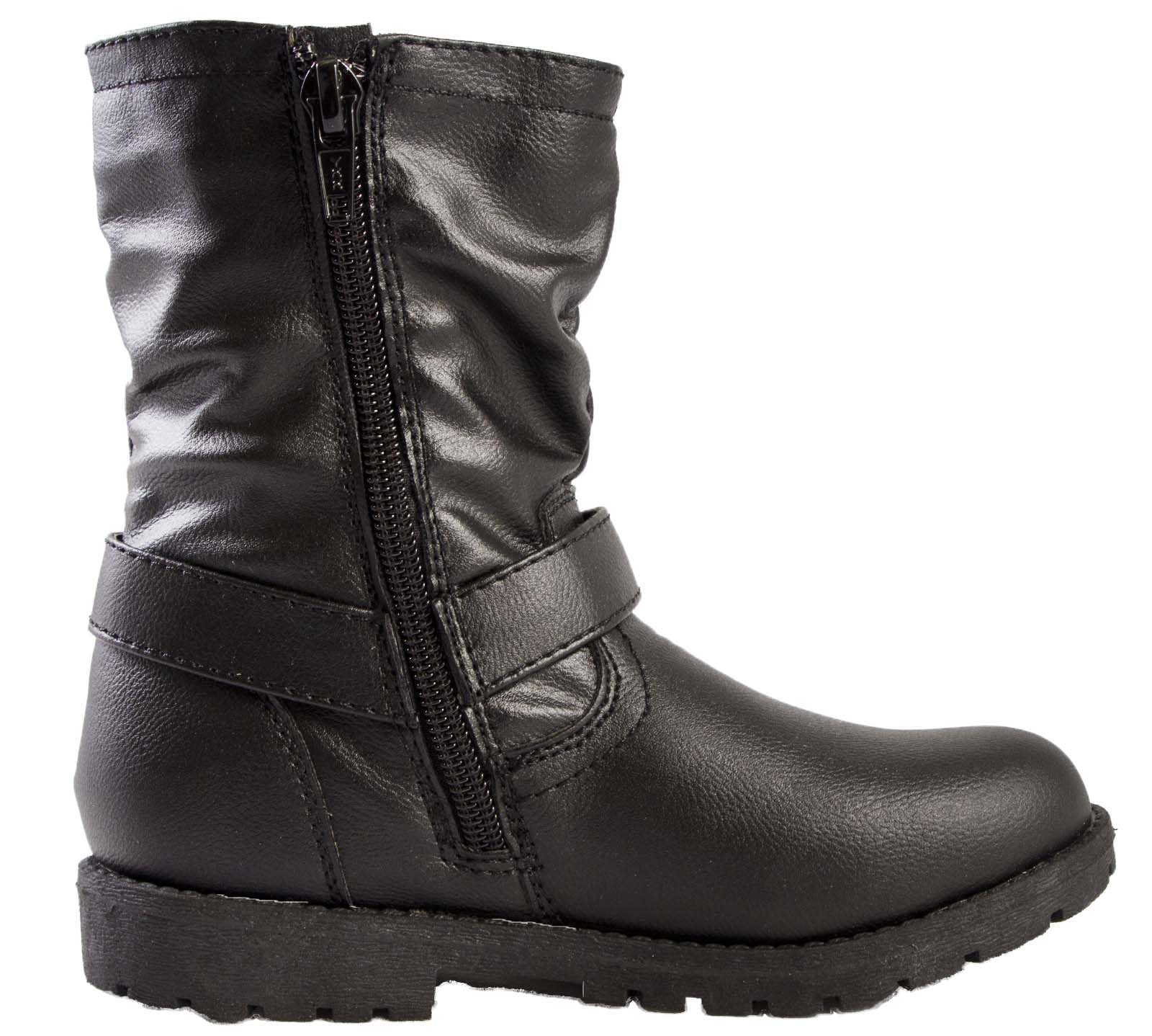 Girls Faux Leather Ankle Boots Winter Diamante Riding Biker Shoes Kids