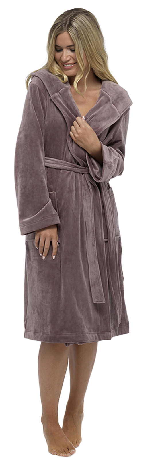 Womens Brushed Velour Velvet Moleskin Dressing Gown Hooded Bath Robe