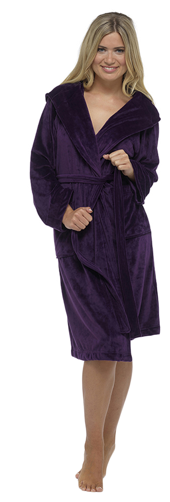 Womens Brushed Velour Velvet Moleskin Dressing Gown Hooded Bath Robe