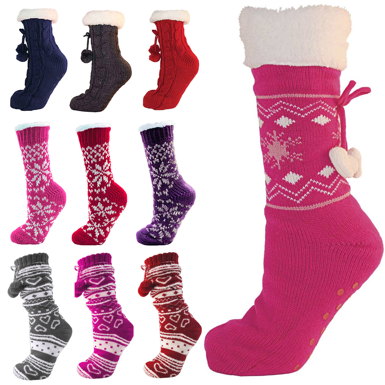 Womens Fleece Fur Lined Slipper Socks Thermal Girls Non Slip Slippers