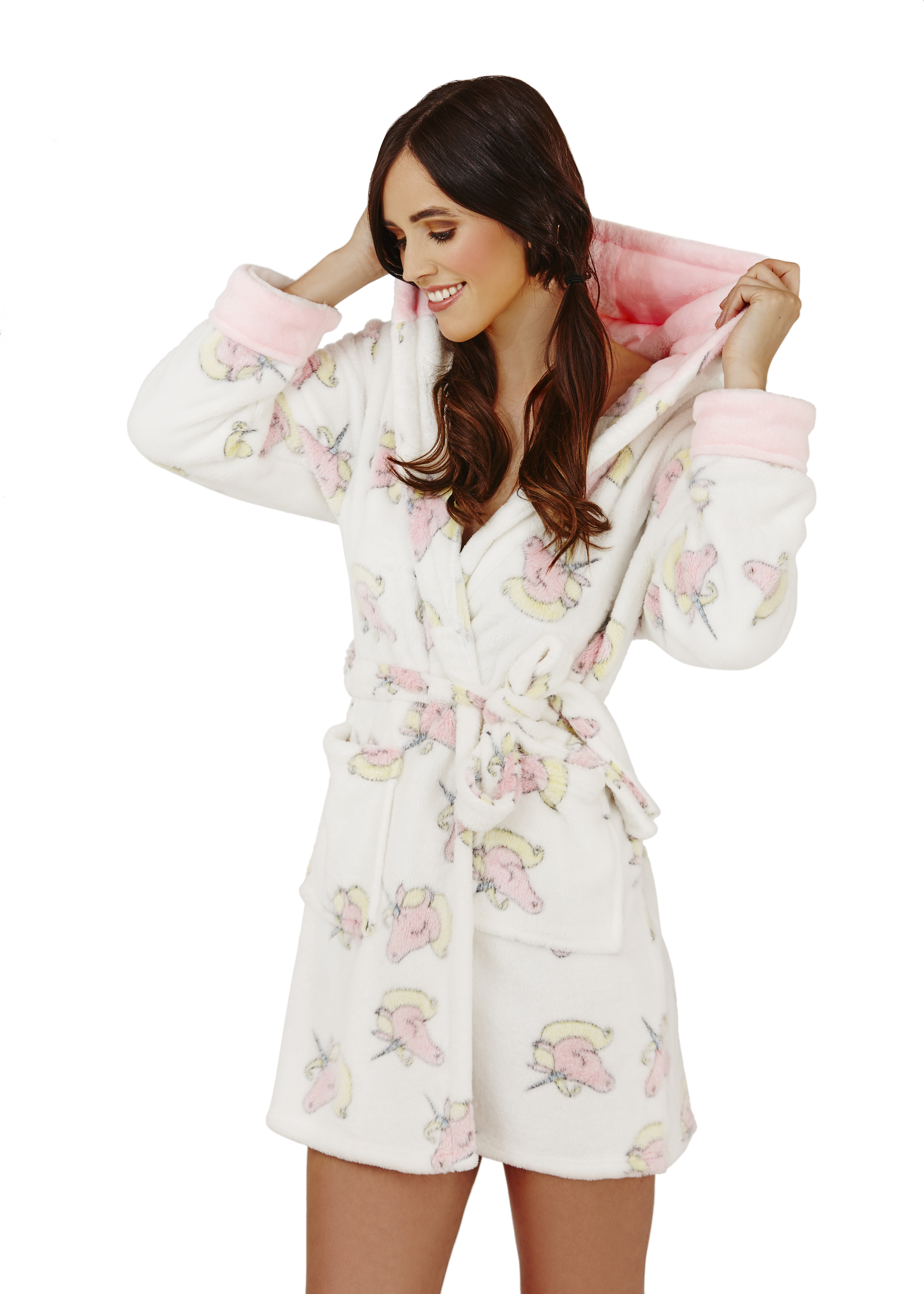 Womens Short Luxury Fleece Dressing Gown + Belt Bath Robe Housecoat