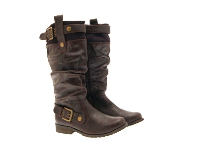 WOMENS FLAT BIKER WIDE CALF BOOTS LADIES SHOE BROWN 3-8