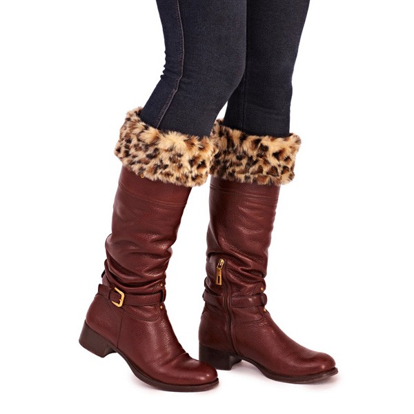 LADIES WELLINGTON BOOT LINERS SOCKS WARM FAUX FUR CUFF WOMENS LEOPARD