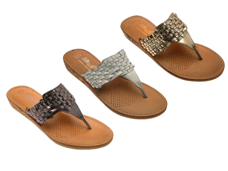 Womens Leather Sandals Low Wedge Heels Summer Comfort Mules Metallic Toe Posts