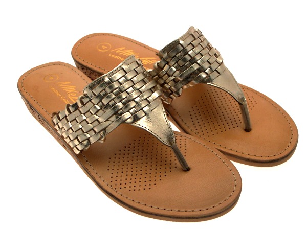 Womens Leather Sandals Low Wedge Heels Summer Comfort Mules Metallic Toe Posts