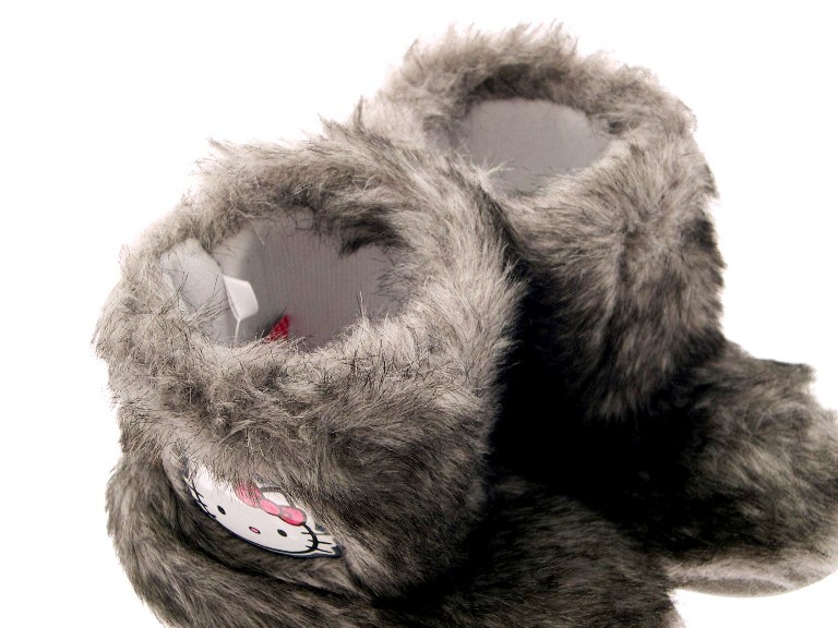 GIRLS KIDS HELLO KITTY GREY FUR SLIPPERS BOOTS WINTER FLUFFY BOOTIES