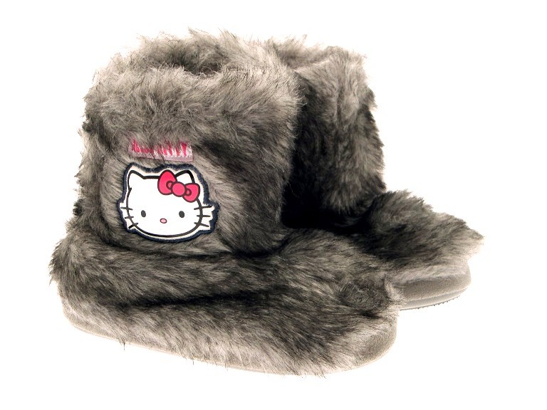 GIRLS KIDS HELLO KITTY GREY FUR SLIPPERS BOOTS WINTER FLUFFY BOOTIES
