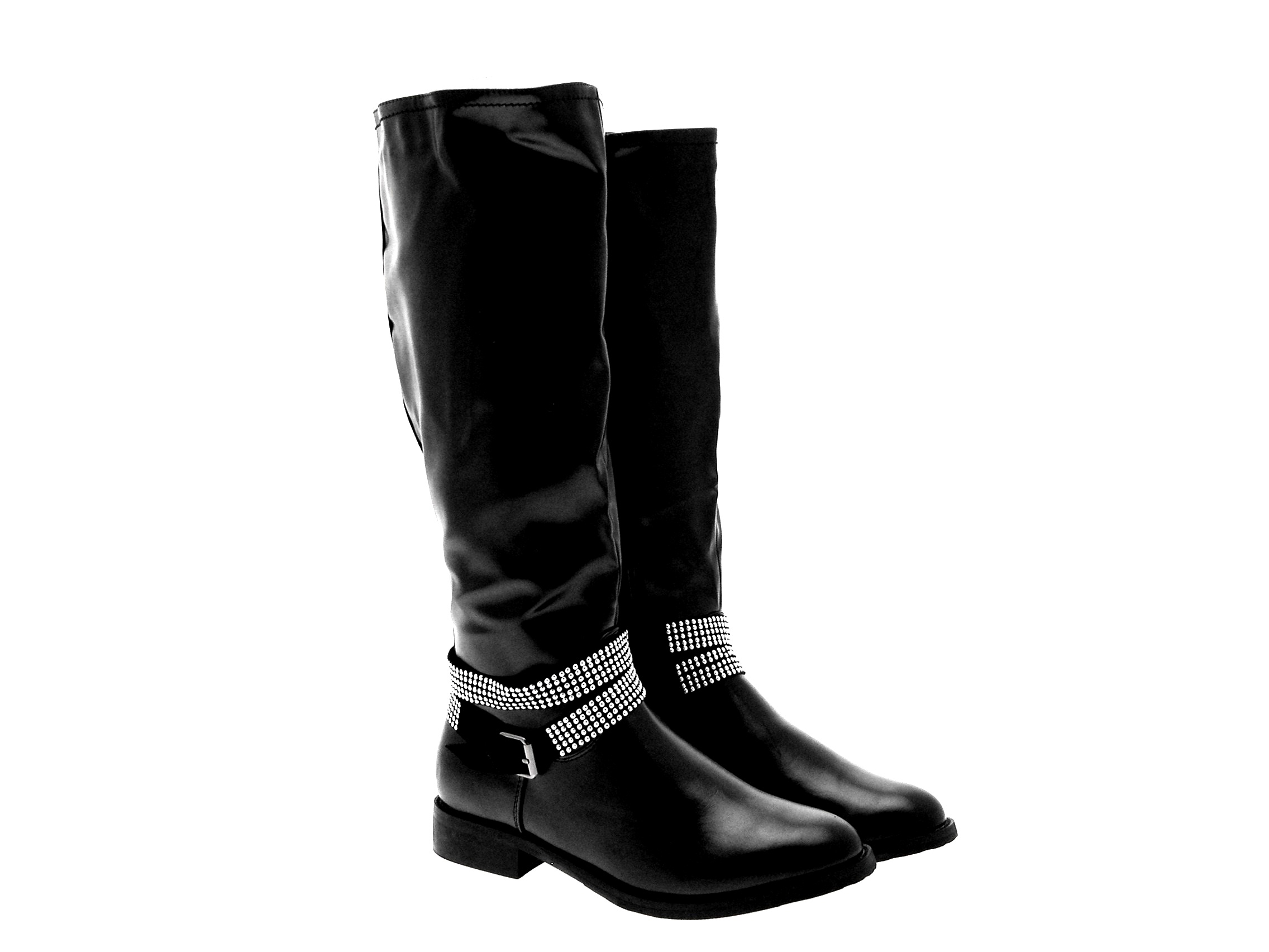 WOMENS STUDDED ANKLE STRAP BIKER RIDING BOOTS KNEE HIGH LADIES BLACK