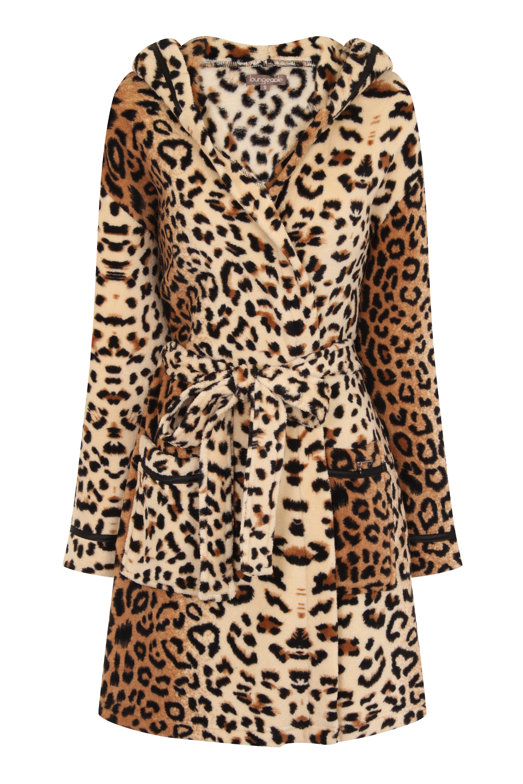 WOMENS LEOPARD HOODED SHORT BATH ROBE DRESSING GOWN HOUSECOAT + BELT