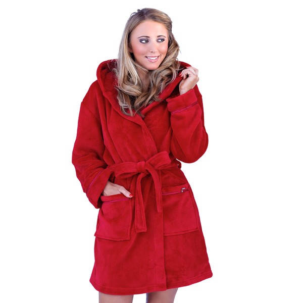 WOMENS HOODED HEARTS ZIPPED SHORT BATH ROBE DRESSING GOWN HOUSECOAT
