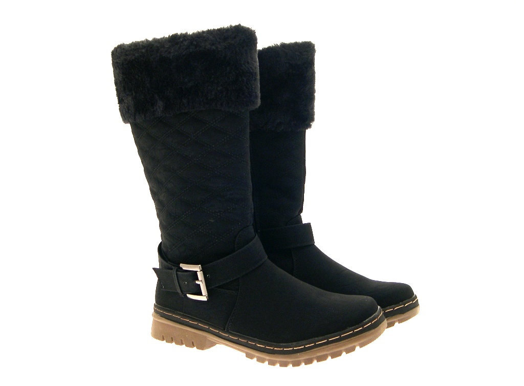 WOMENS QUILTED FUR LINED CUFF WINTER SNOW BOOTS FLAT GIRLS