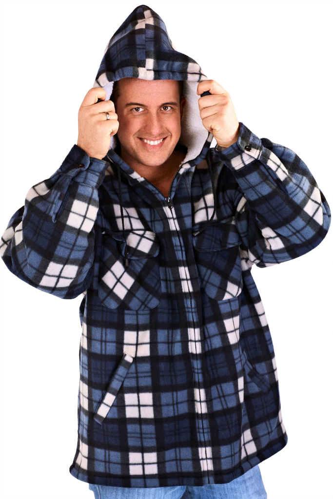 MENS HOODED LUMBERJACK JACKET COAT WORK SHIRT FLEECE REVERSIBLE CHECK