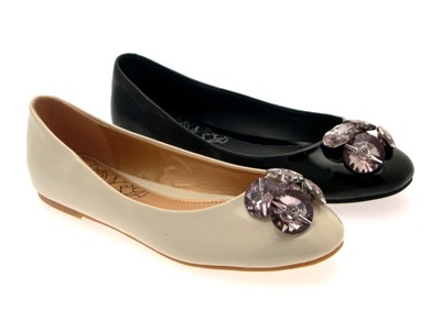 WOMENS CREAM BLACK PATENT JEWEL BALLET PUMPS SIZE 3 - 8
