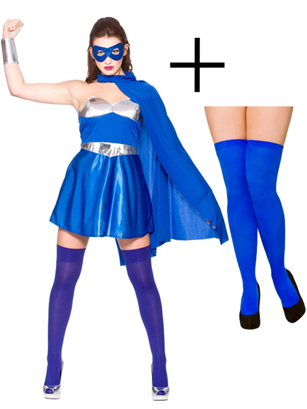 Stockings Blue Silver Ladies Fancy Dress Comic Super Hero Adult Womens Costume