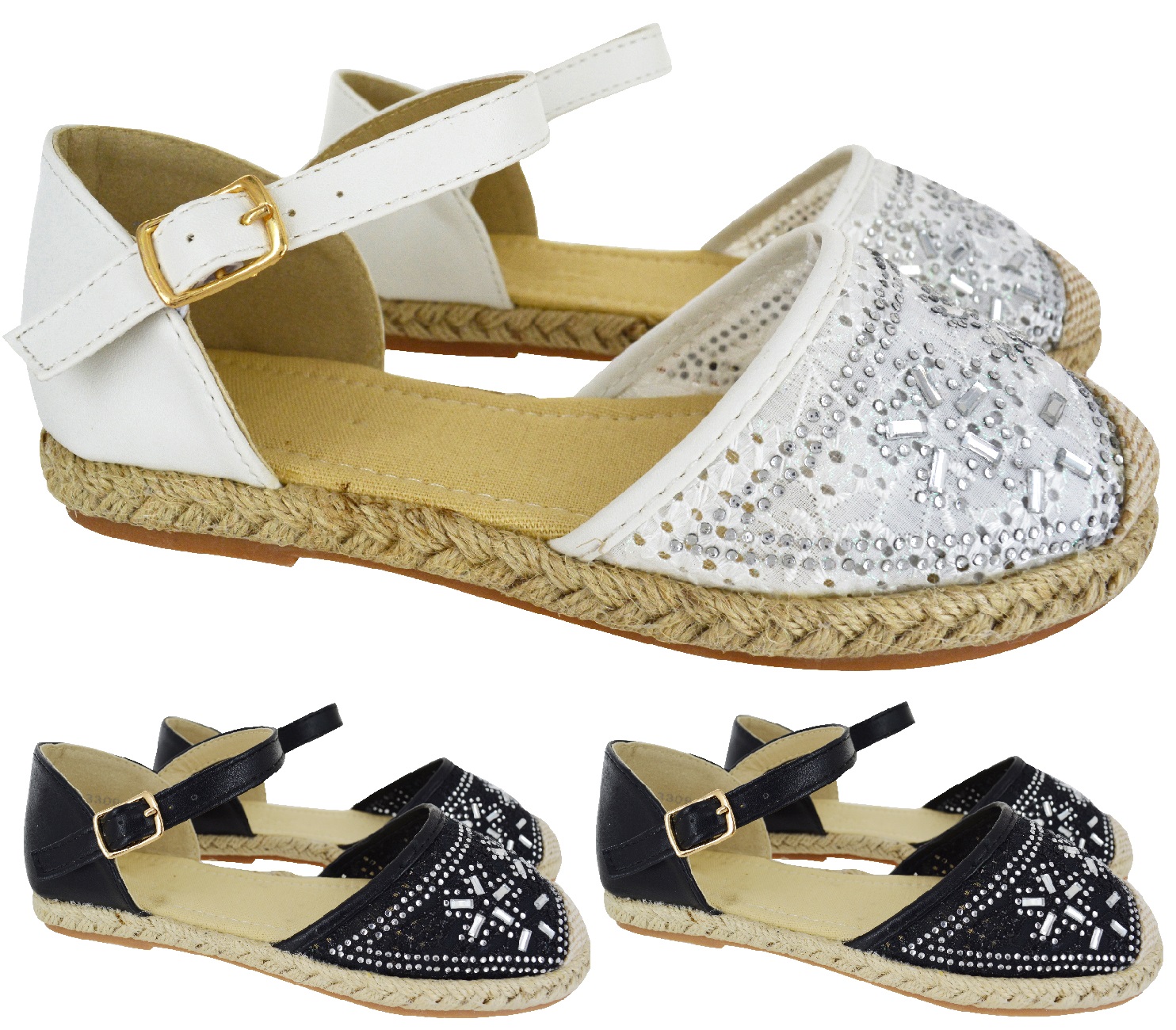 KIDS GIRLS CHILDREN SUMMER ESPADRILLES ANKLE STRAPPY DIAMANTE SANDALS
