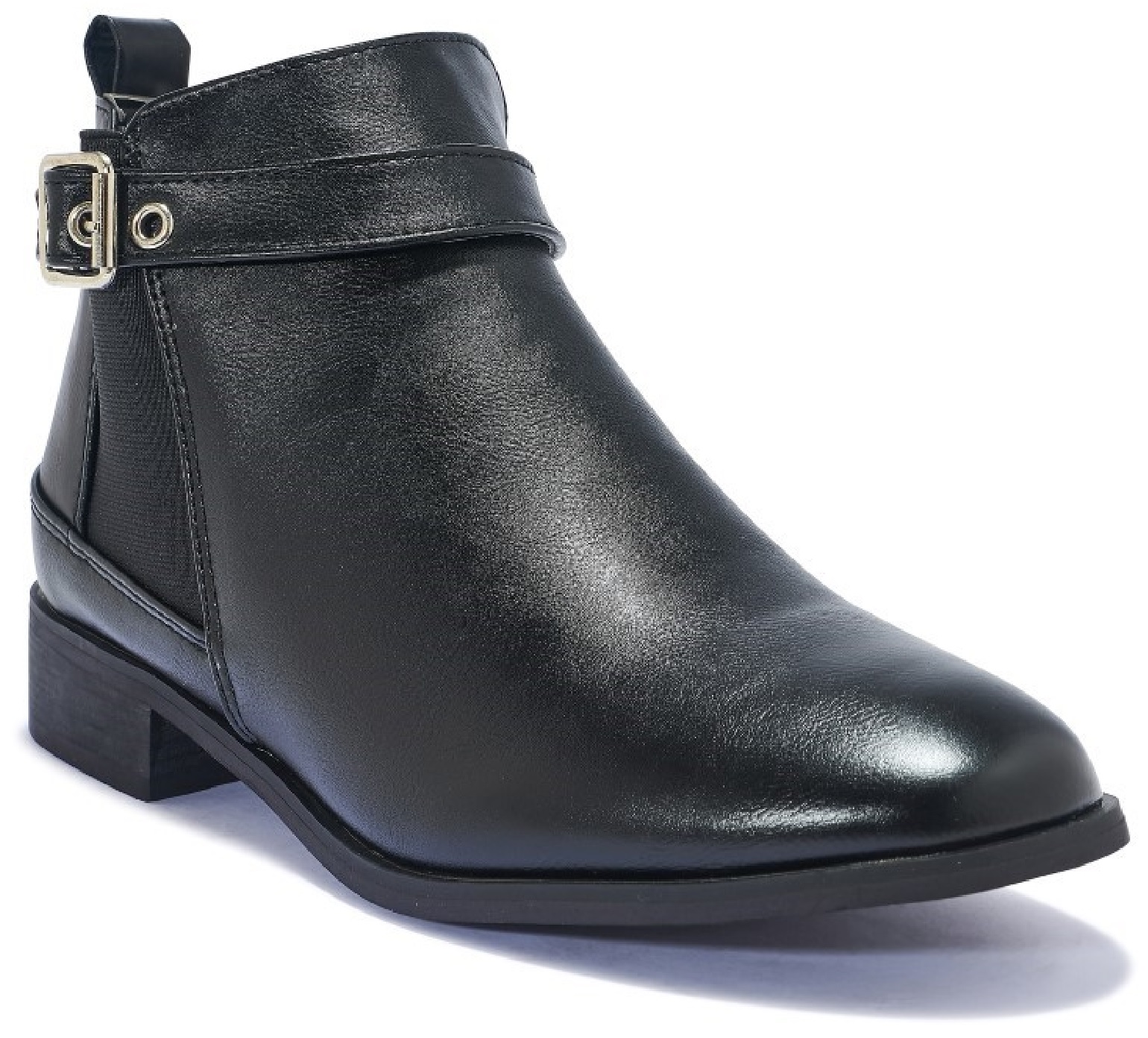 LADIES WOMENS FLAT ANKLE BUCKLE LOW HEEL CHELSEA BLACK WORK SCHOOL CASUAL BOOTS