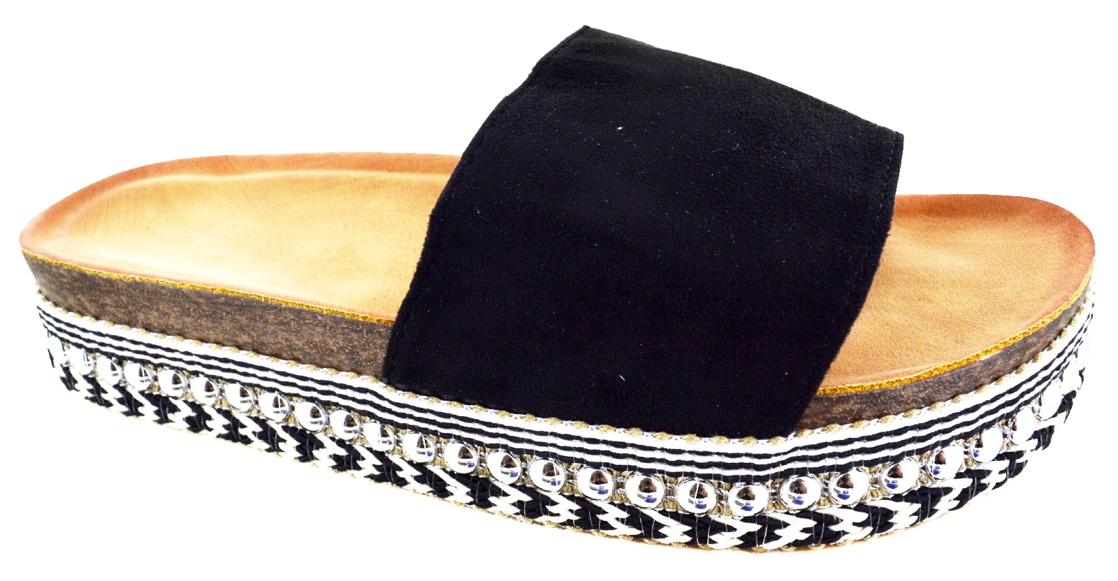 LADIES WOMENS FLATFORM LOW HEEL WEDGE SUMMER PEARLS STUDS SLIP ON SANDALS SHOES