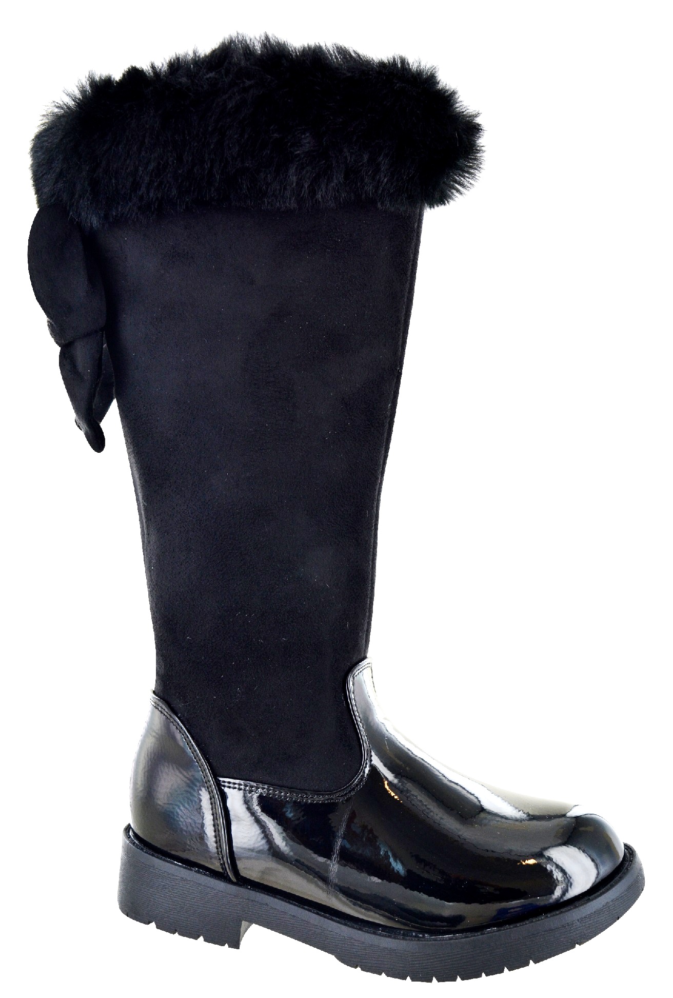 KIDS GIRLS CHILDREN WINTER FUR BOW OVER THE KNEE FLAT SCHOOL BLACK WARM BOOTS SZ
