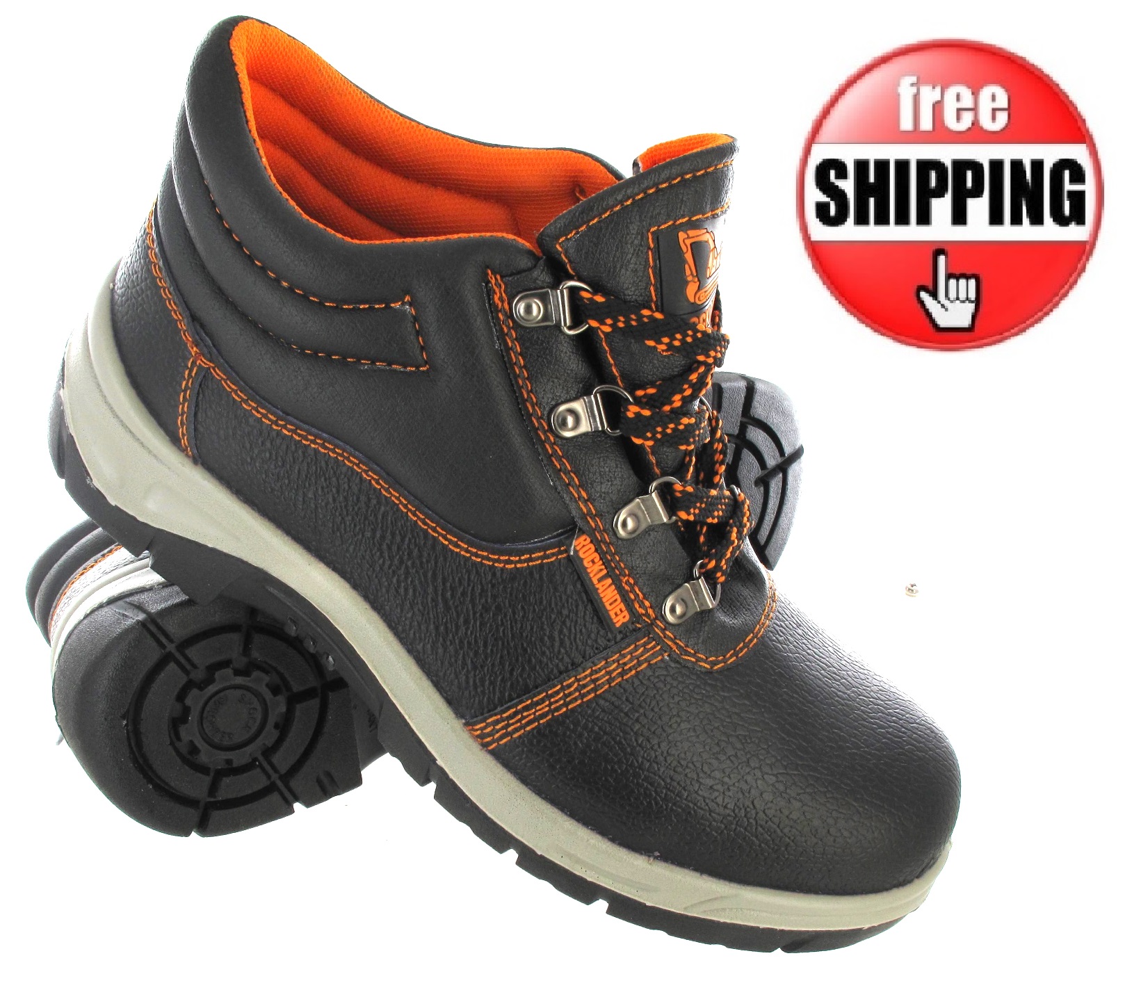 MENS SAFETY TRAINER STEEL TOE CAP WORK LEATHER BLACK ORANGE MIDSOLE