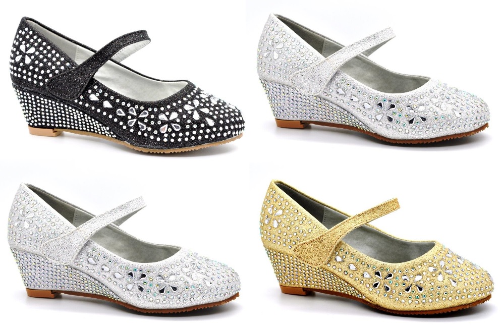 GIRLS KIDS CHILDRENS BRIDESMAID WEDGE MID HEEL DIAMANTE PARTY WEDDING