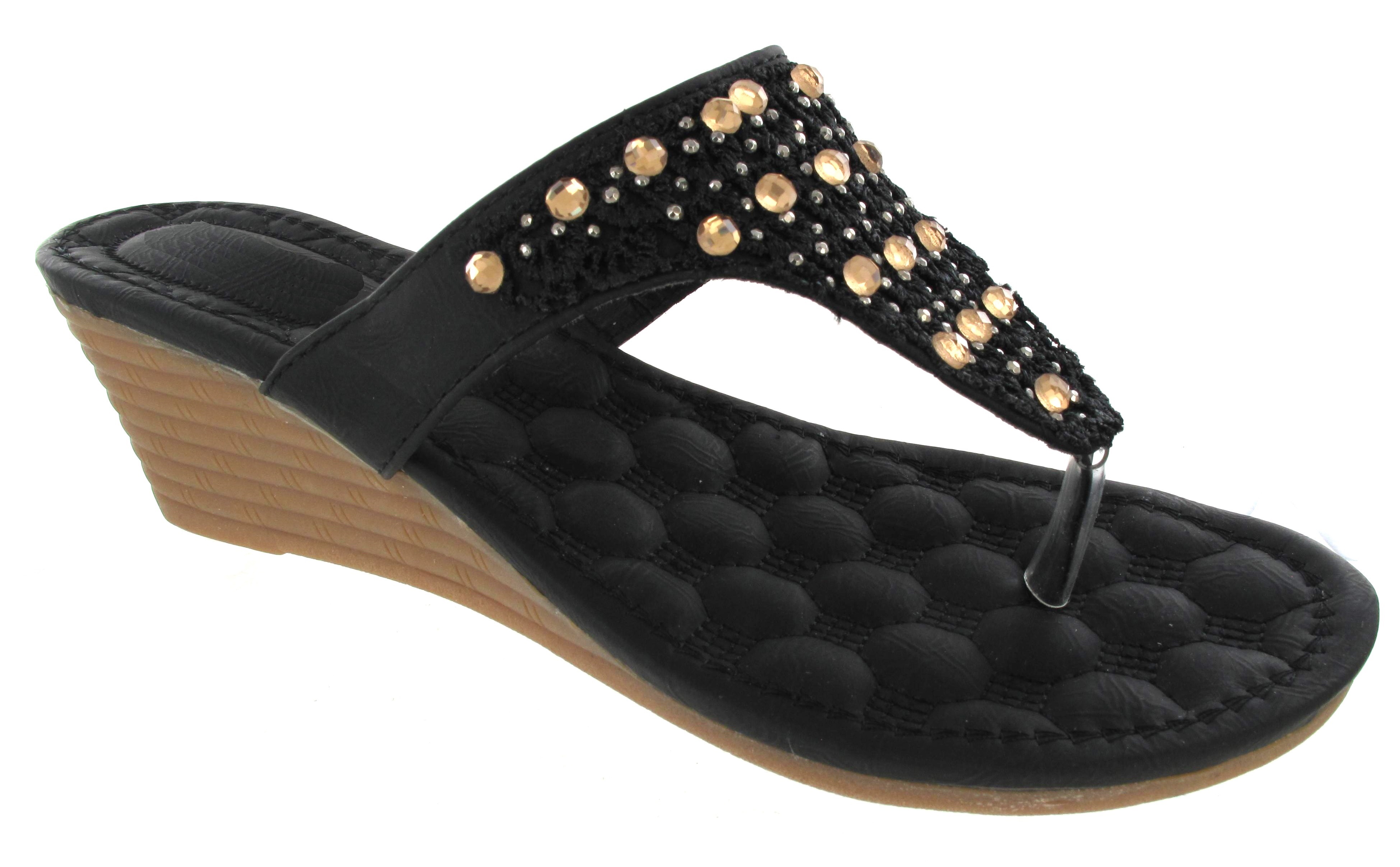 WOMANS LADIES MASSAGE FLOWER WEDGE HEEL TOE POST COMFORT SANDALS UK