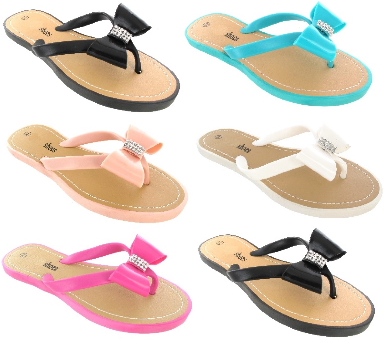 LADIES WOMENS JELLY FLIP FLOPS BOW DIAMANTE TOE POST SUMMER BEACH