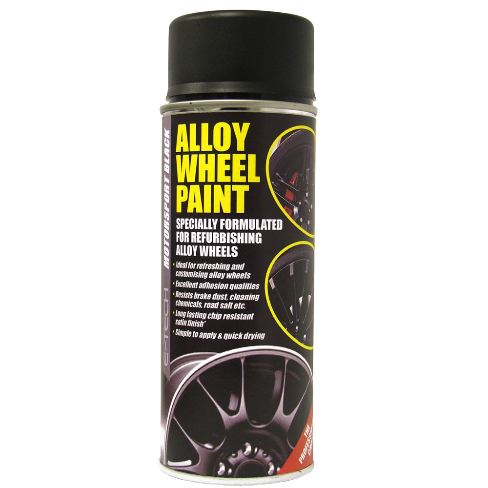 ETECH Car Alloy Wheel Spray Paint MOTORSPORT BLACK 400ML Can Chip
