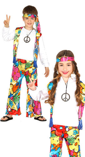 Hippie Kids Fancy Dress 1960s 1970s Flower Power Hippy Boys Girls Costume Outfit