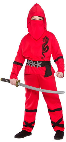 Red Ninja Boys Fancy Dress Japanese Samurai Warrior Kids Childs Costume Outfit