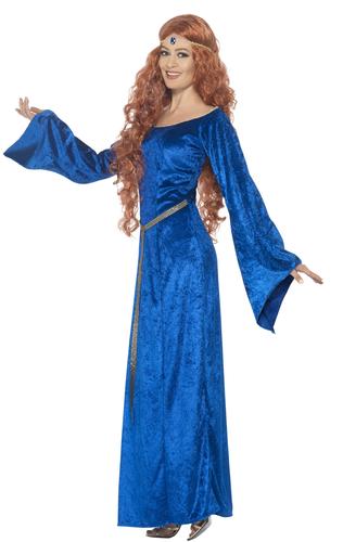Blue Medieval Maid Ladies Fancy Dress Princess Adults Marian Costume Outfit New