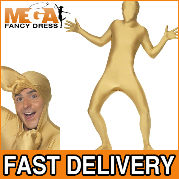 Gold Second Skin Body Lycra Suit Adults Stretchy Fancy Dress James Bond Costume 