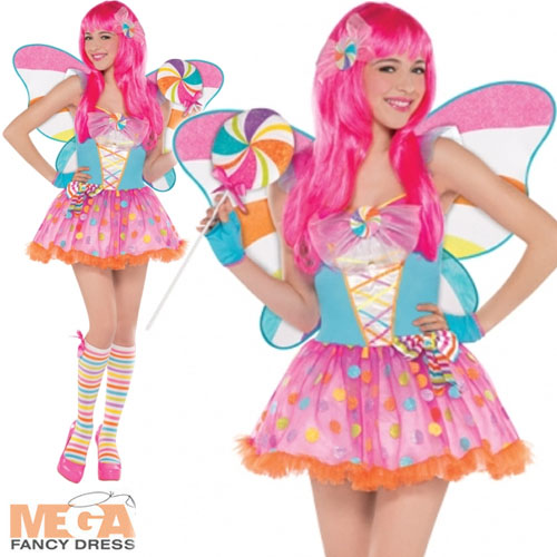 Lollipop Candy Fairy + Wings Fancy Dress Ladies Katy Perry Womens Costume 8-16