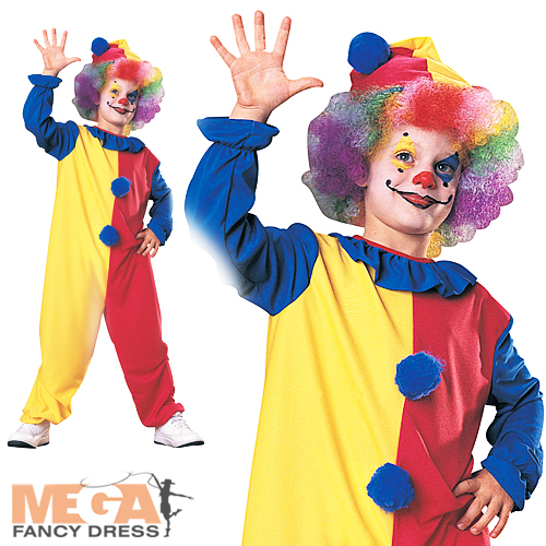 Clown Kids Fancy Dress Up Circus Carnival Boys Girls Child Costume Outfit + Hat 