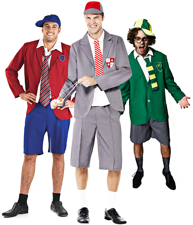 School Boy Uniform + Hat Mens Fancy Dress Stag Party Adults Nerd Geek